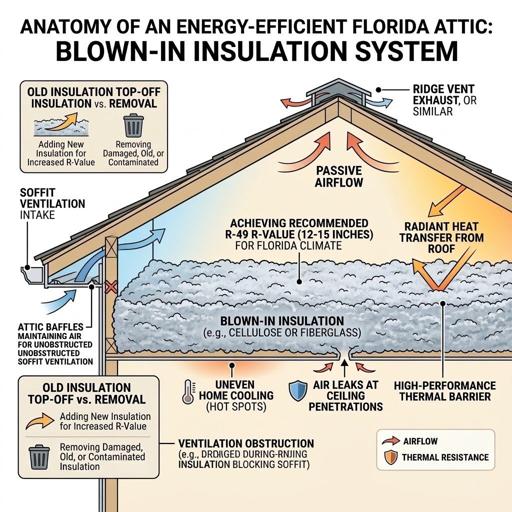 Professional blown-in insulation system diagram for Florida homes, featuring attic ventilation intake, air leak sealing, and the difference between insulation top-offs and full removal for energy savings.